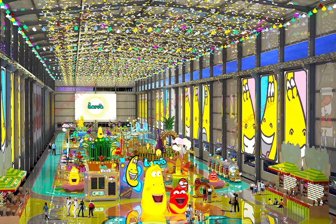 Renderização de design de interiores 3D de uma área de diversão interna com tema de larva, com elementos coloridos de desenho animado e zonas de recreação interativas Renderização de design de interiores em 3D de uma área de diversão interna com tema de larva, apresentando elementos coloridos de desenho animado e zonas de recreação interativas