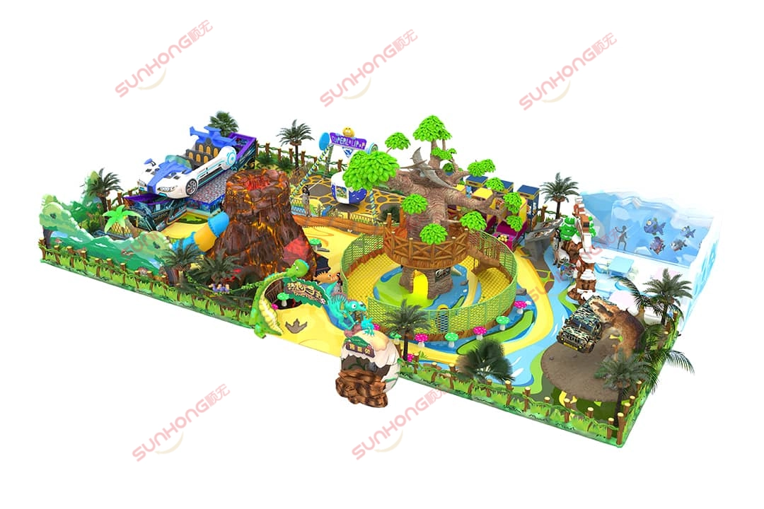 Renderização 3D de um parque de diversões com tema de dinossauro, com brinquedos elétricos, vulcão decorativo e árvores no estilo selva Renderização 3D de um parque de diversões com tema de dinossauros, com brinquedos elétricos, vulcão decorativo e árvores no estilo selva