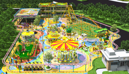 Projeto conceitual de um parque temático de larvas, criado pela SUNHONG, com 14 atrações em uma área de 6.000 m² e uma montanha-russa que circunda todo o parque, otimizada para o fluxo de visitantes. - SUNHONG