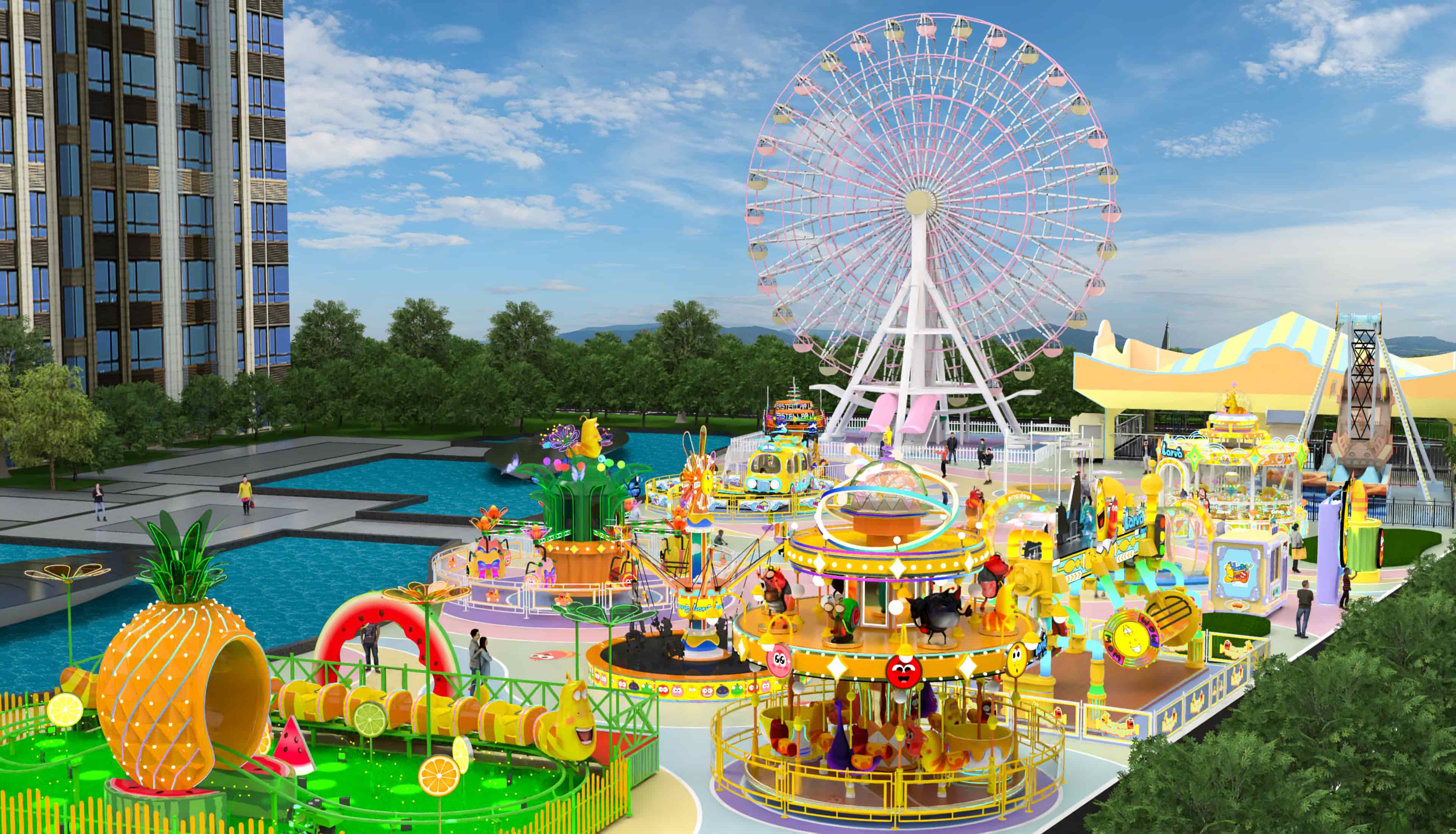 Концепция парка развлечений в стиле Larva, разработанного специально для крупного торгового центра, с каруселью Larva, мини-американскими горками Larva и колесом обозрения Larva. Решения для тематических парков, объединяющие культовые аттракционы в оживленном торговом центре — SUNHONG