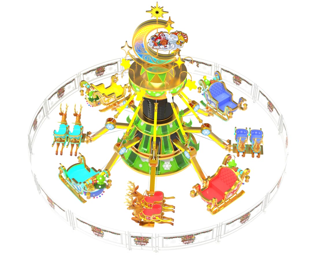 Christmas-themed spinning amusement ride featuring reindeer and sleigh-shaped vehicles. - SUNHONG