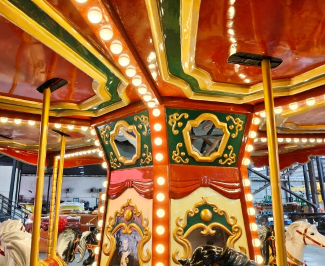 A girl in a purple dress riding the 12P Knight Sparta amusement carousel surrounded by a beautiful flower field, amusement carousel for sale - SUNHONG