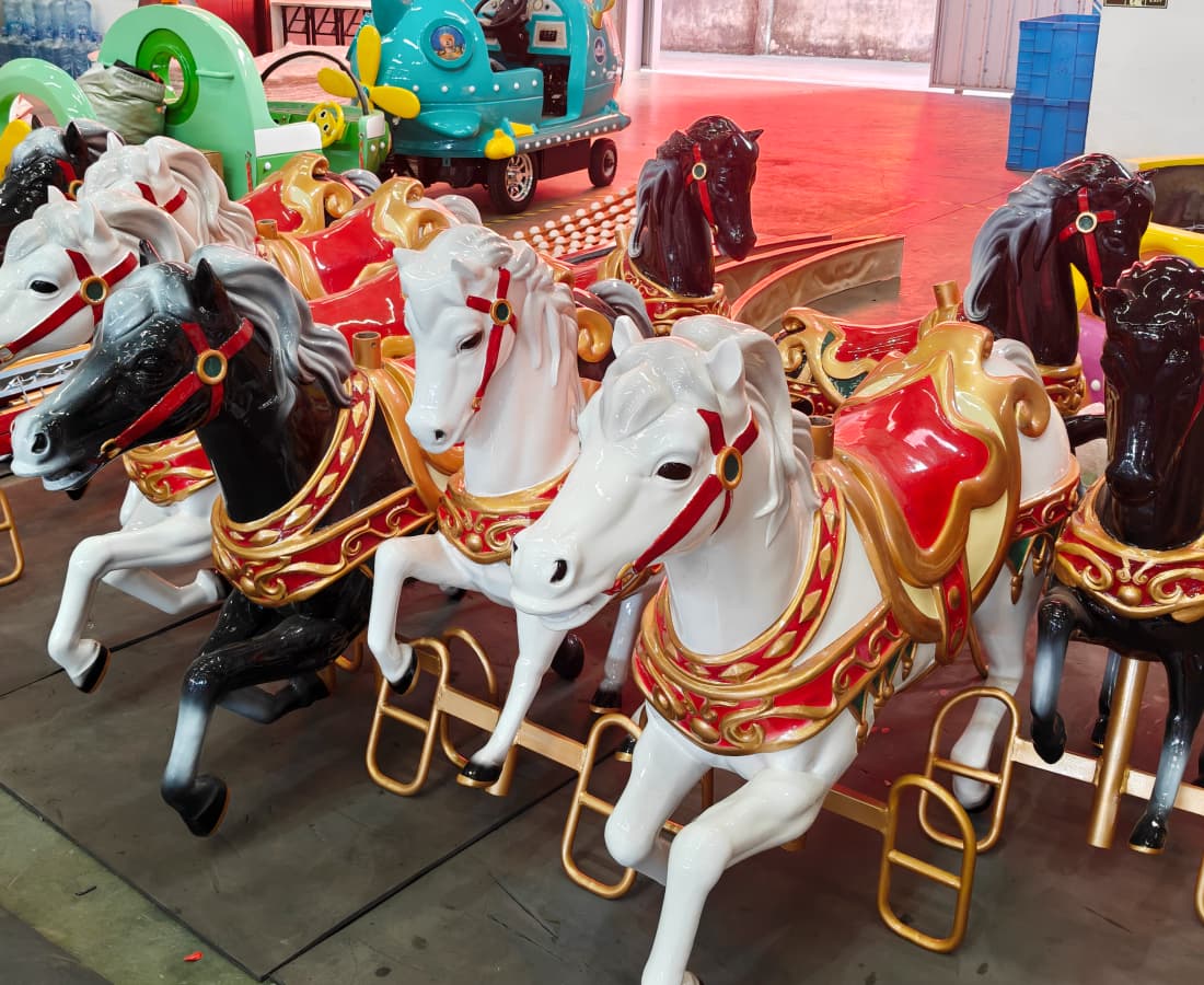 12P Knight Sparta amusement carousel for sale displayed in SUNHONG’s production workshop - SUNHONG