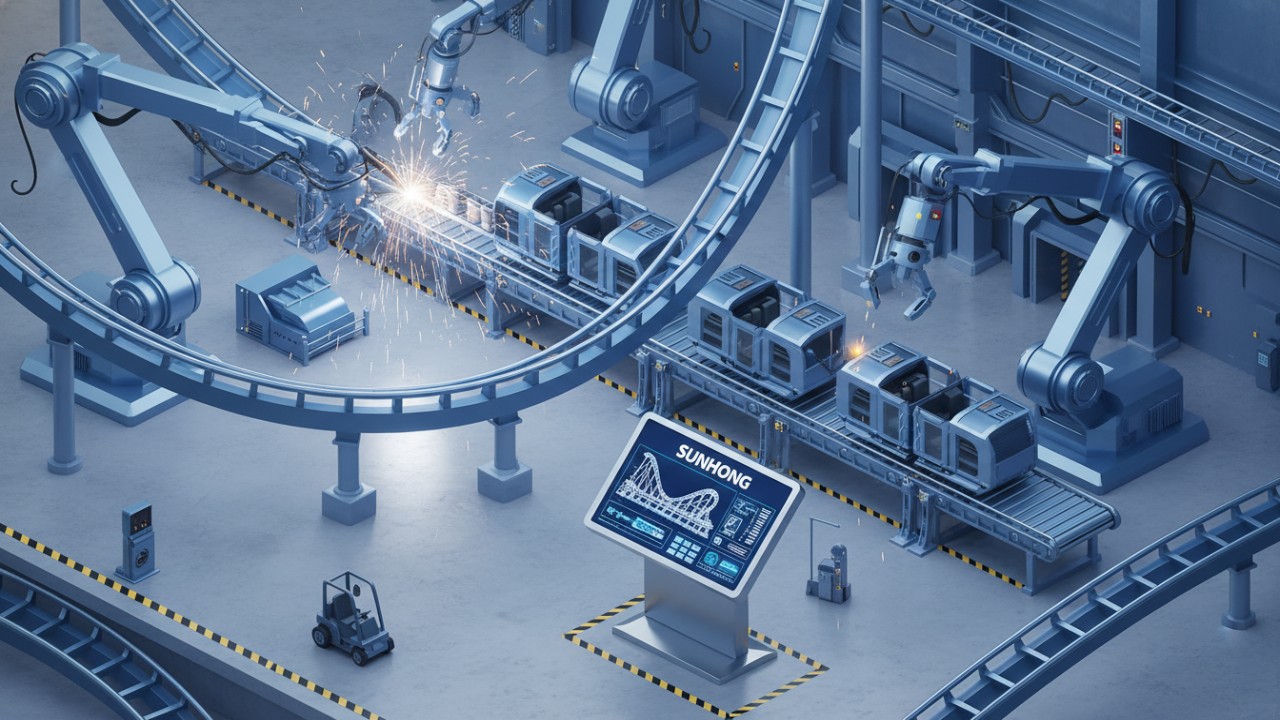 A 3D illustration of an amusement ride factory showing a digital screen with SUNHONG branding and roller coaster assembly