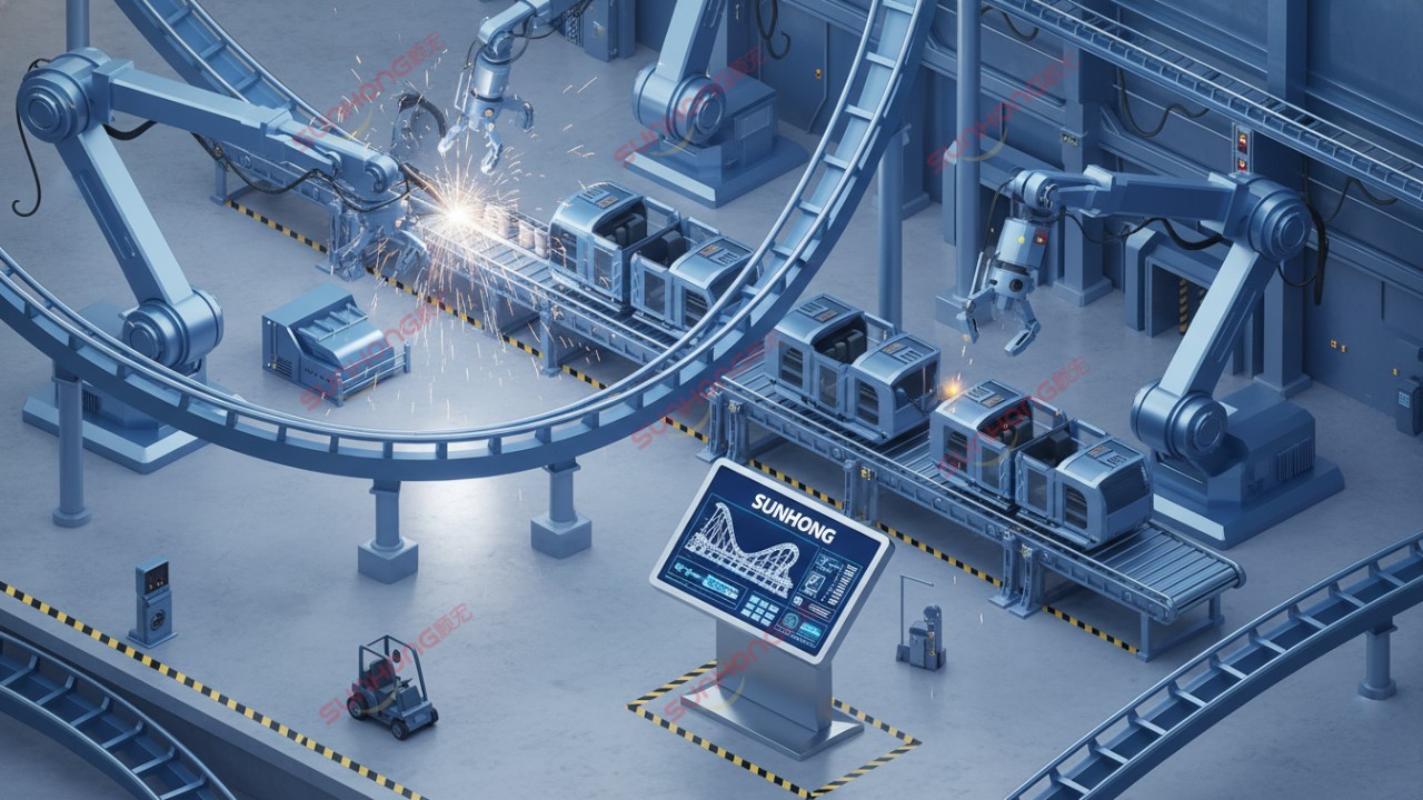 A 3D illustration of an amusement ride factory showing a digital screen with SUNHONG branding and roller coaster assembly