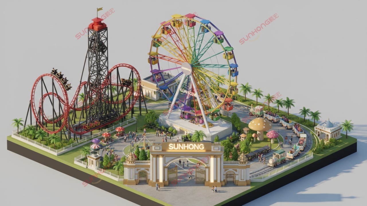 A 3D illustration showing a variety of amusement rides including a roller coaster and Ferris wheel with the Sunhong brand name on the park entrance.