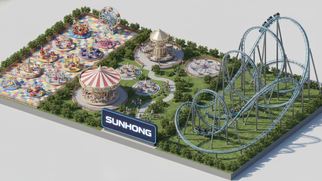 A 3D isometric illustration showing a variety of amusement park rides of different sizes and costs with a SUNHONG brand sign in the foreground.