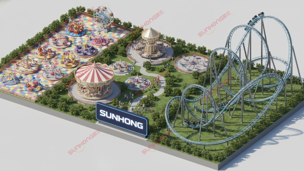 A 3D isometric illustration showing a variety of amusement park rides of different sizes and costs with a SUNHONG brand sign in the foreground.