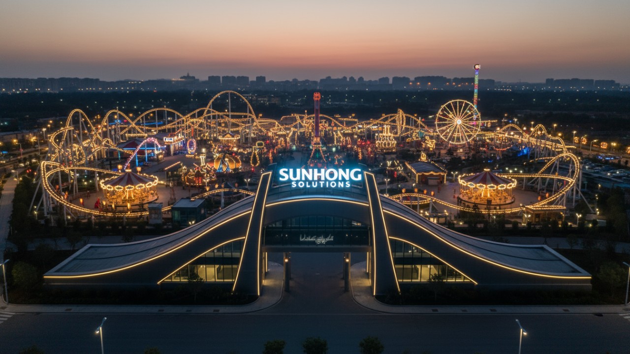 A beautiful aerial view of a finished amusement park at night with a SUNHONG sign, representing a successful turn-key installation.