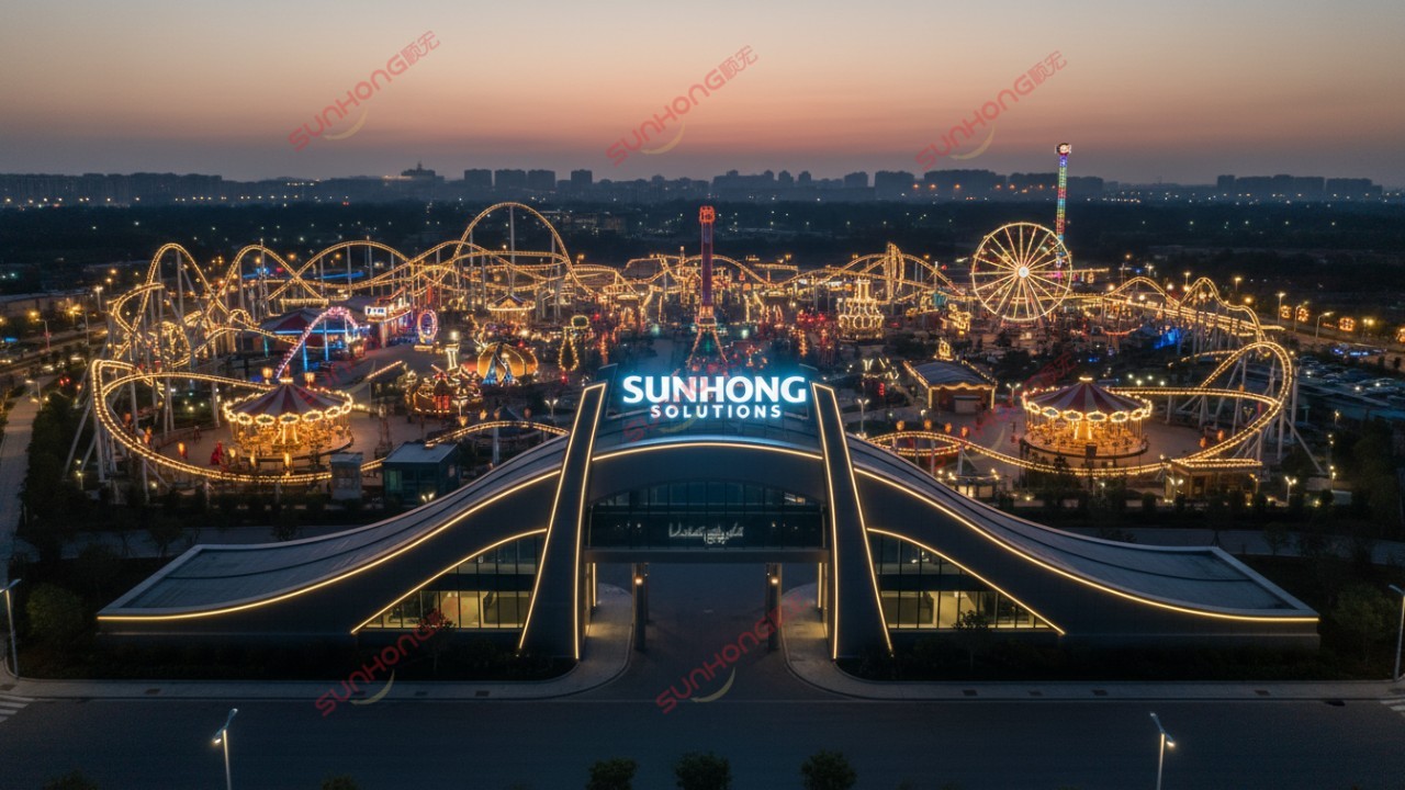 A beautiful aerial view of a finished amusement park at night with a SUNHONG sign, representing a successful turn-key installation.