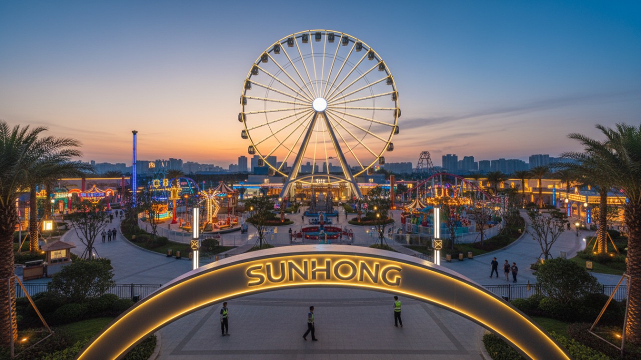 A beautiful sunset view of a completed amusement park featuring a Ferris wheel and a prominent SUNHONG sign at the entrance.