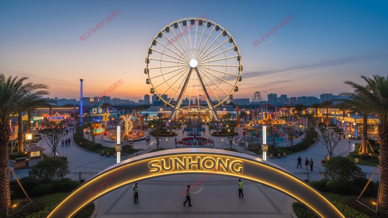 A beautiful sunset view of a completed amusement park featuring a Ferris wheel and a prominent SUNHONG sign at the entrance.
