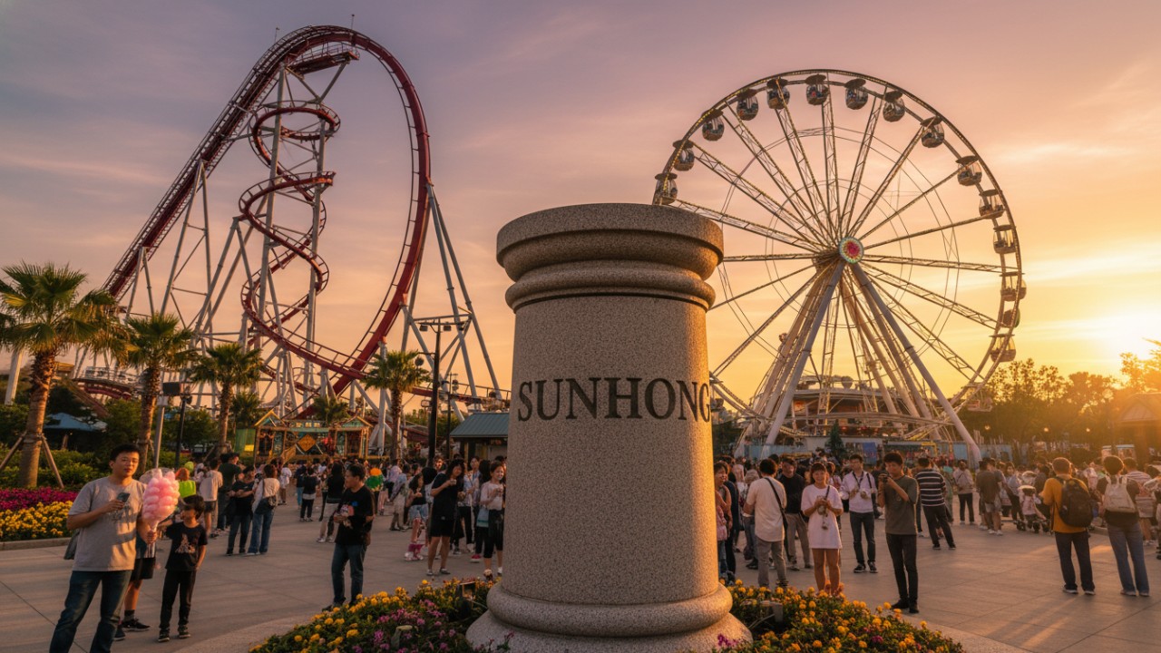 A beautiful sunset view of a completed theme park with both thrill and family rides and the SUNHONG name integrated into the architecture.