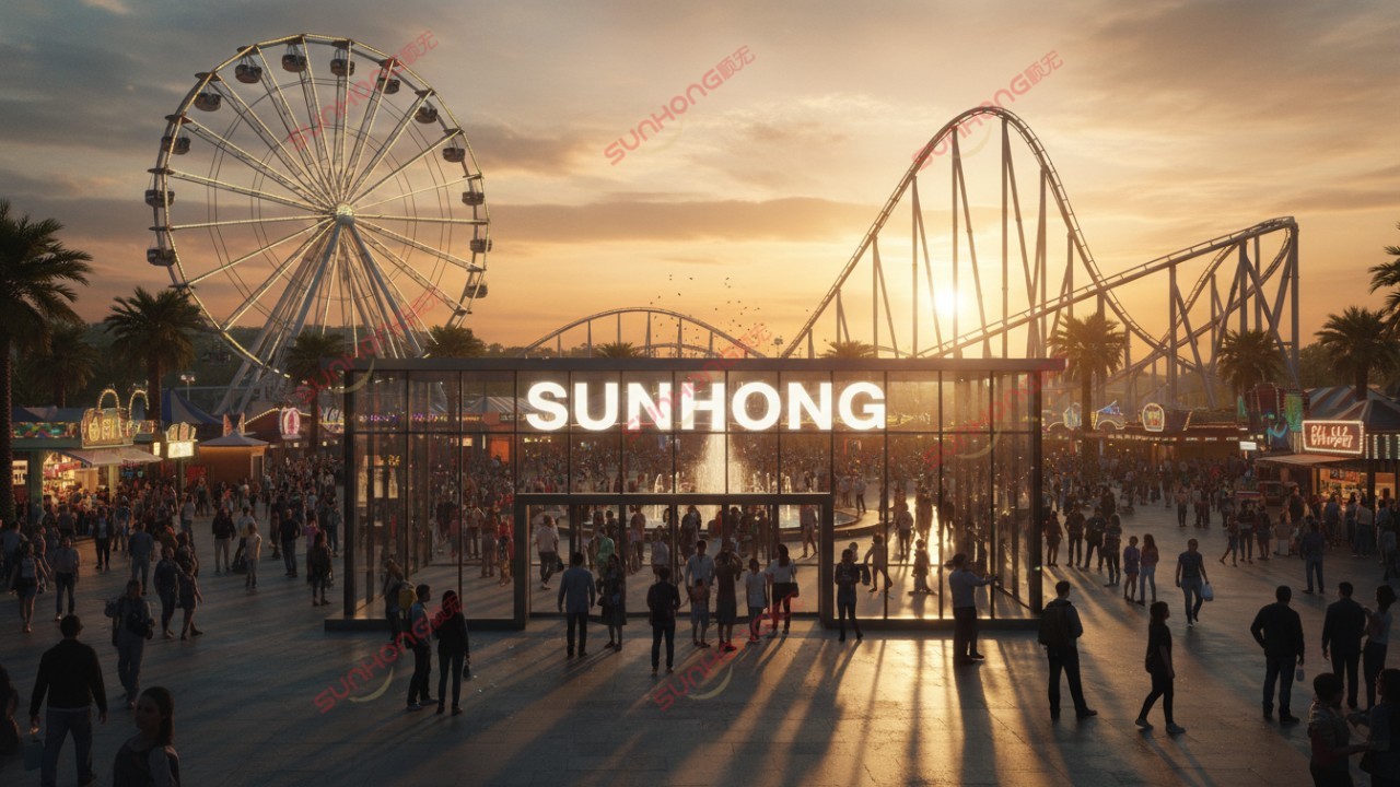 A beautiful sunset view of a flourishing amusement park featuring a modern building with a backlit SUNHONG sign.