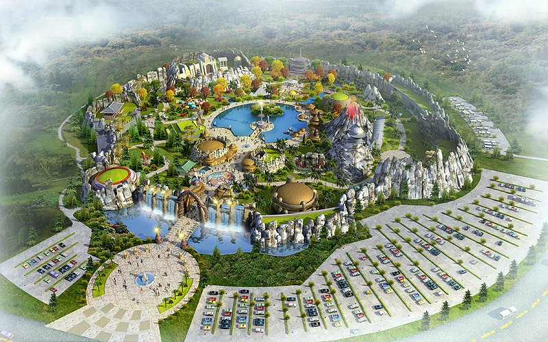 A bird's-eye view of the layout of a jungle-themed amusement park