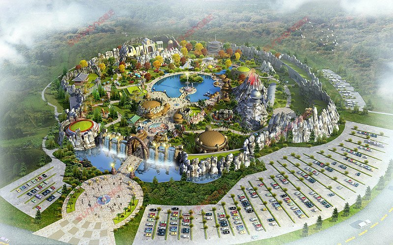 A bird's-eye view of the layout of a jungle-themed amusement park A bird's-eye view of the layout of a jungle-themed amusement park