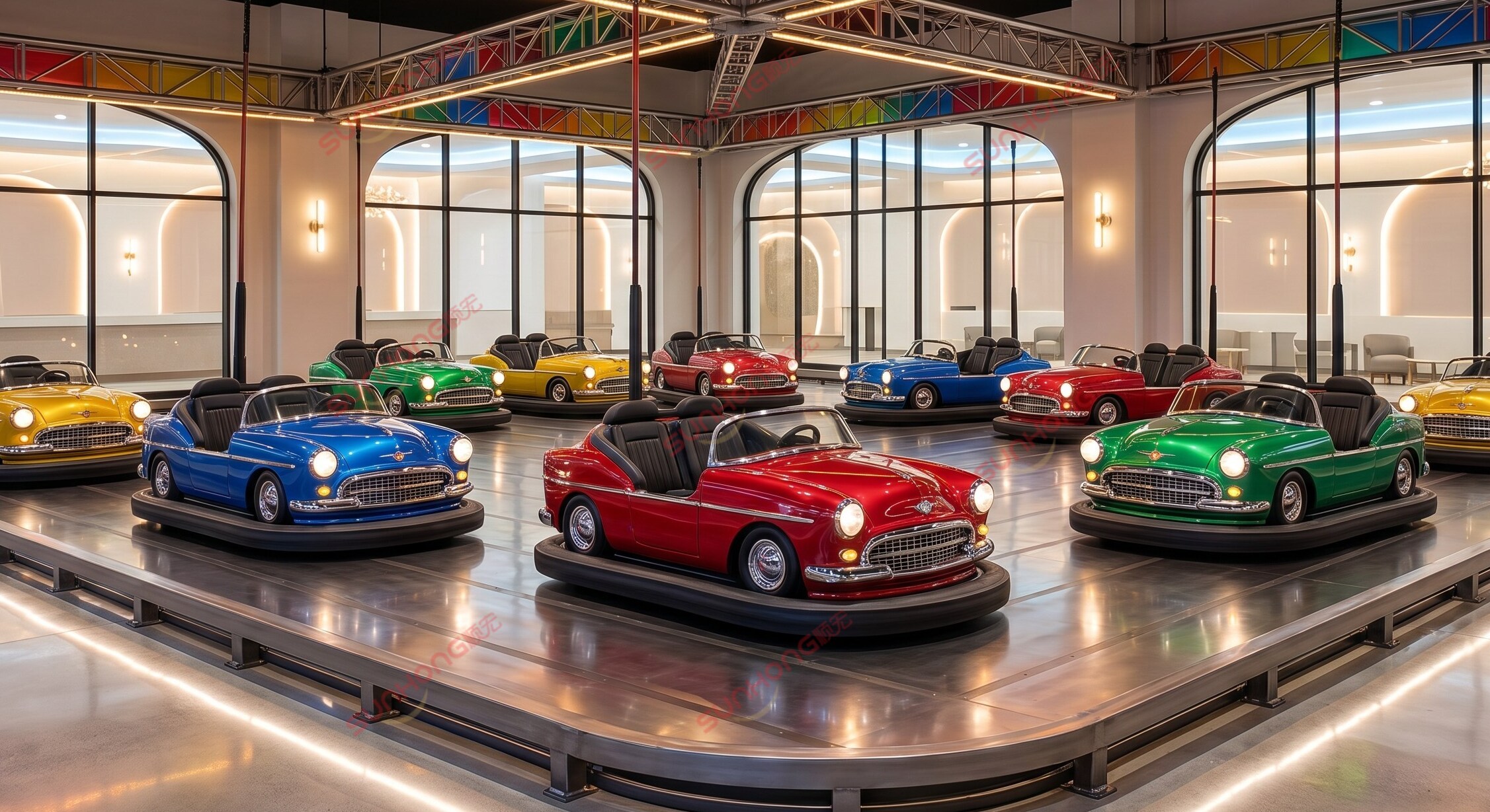 A bright and inviting classic bumper car ride A bright and inviting classic bumper car ride