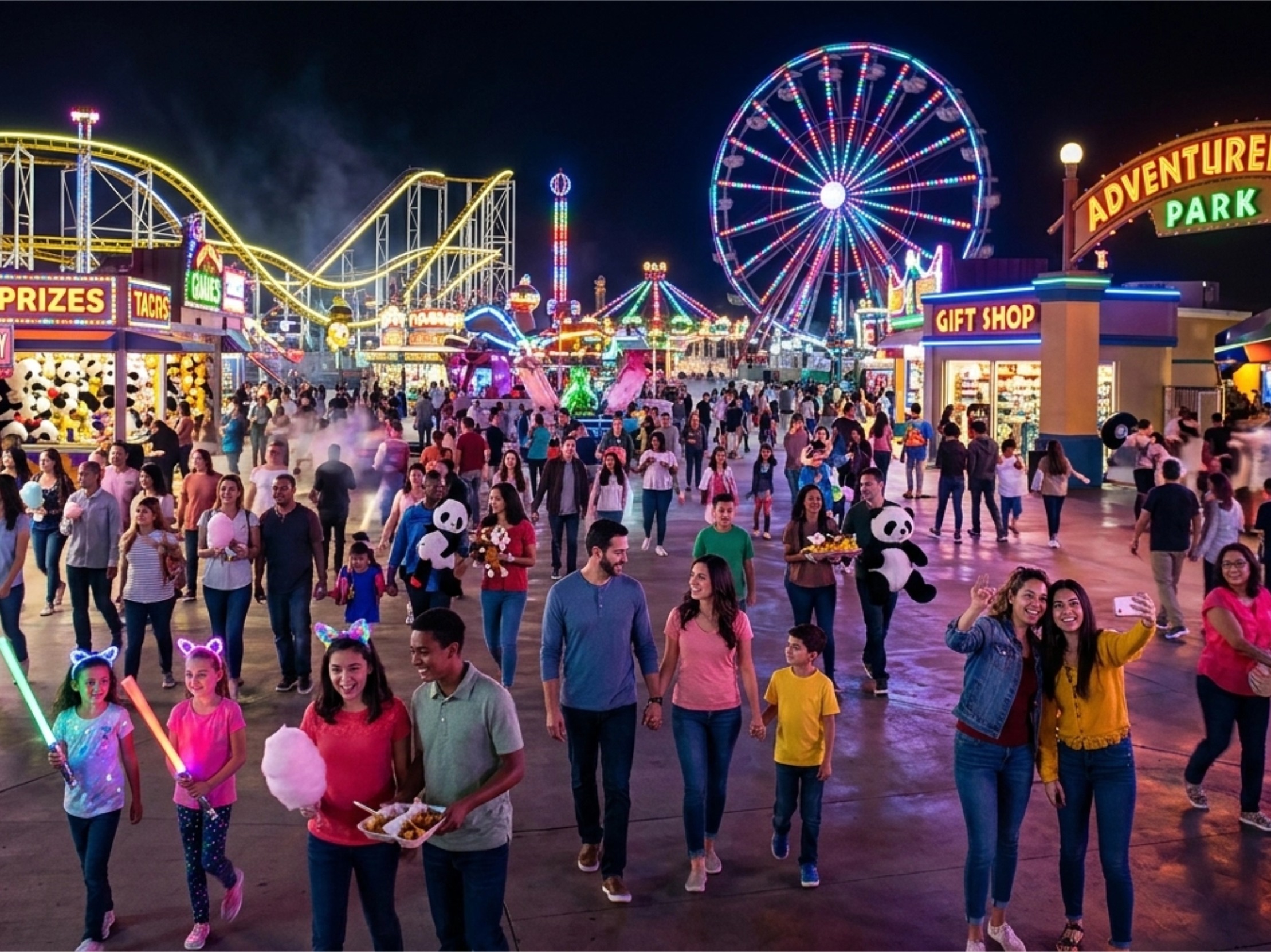 A bustling amusement park plaza at night