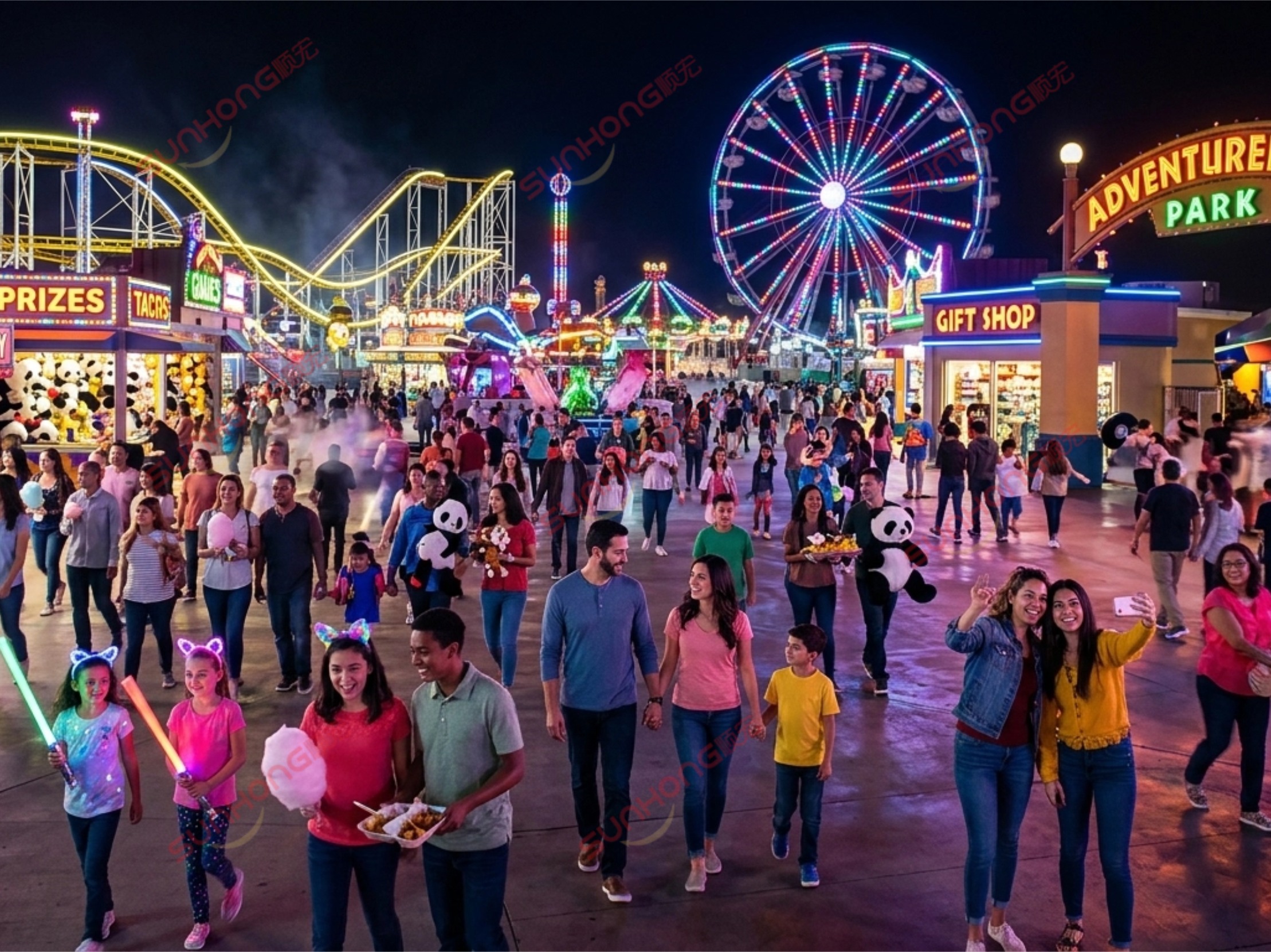 A bustling amusement park plaza at night A bustling amusement park plaza at night