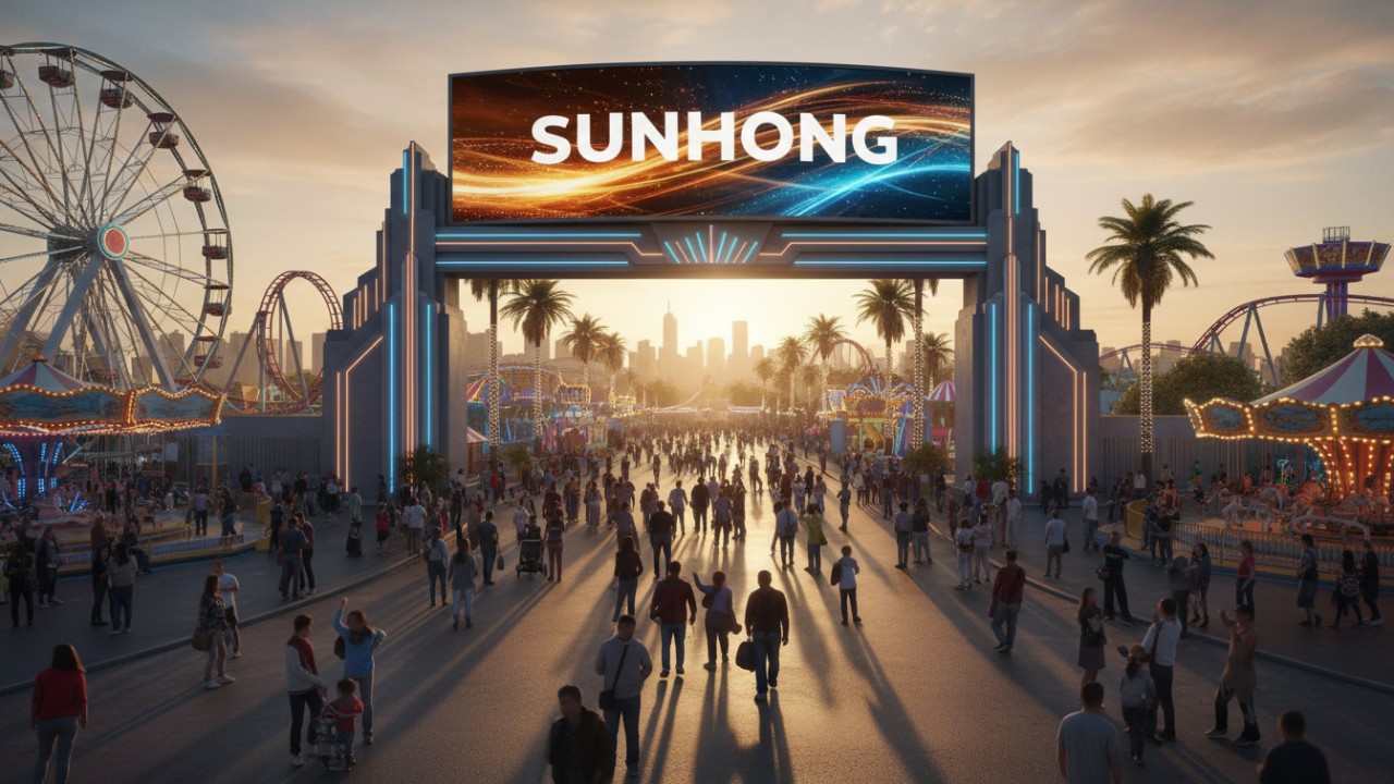 A celebratory sunset view of a successful amusement park featuring a prominent SUNHONG digital billboard.
