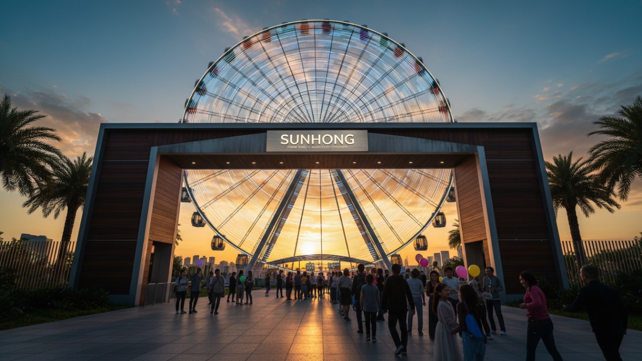 A cinematic view of a completed and illuminated Ferris wheel at sunset with a SUNHONG sign at the entrance