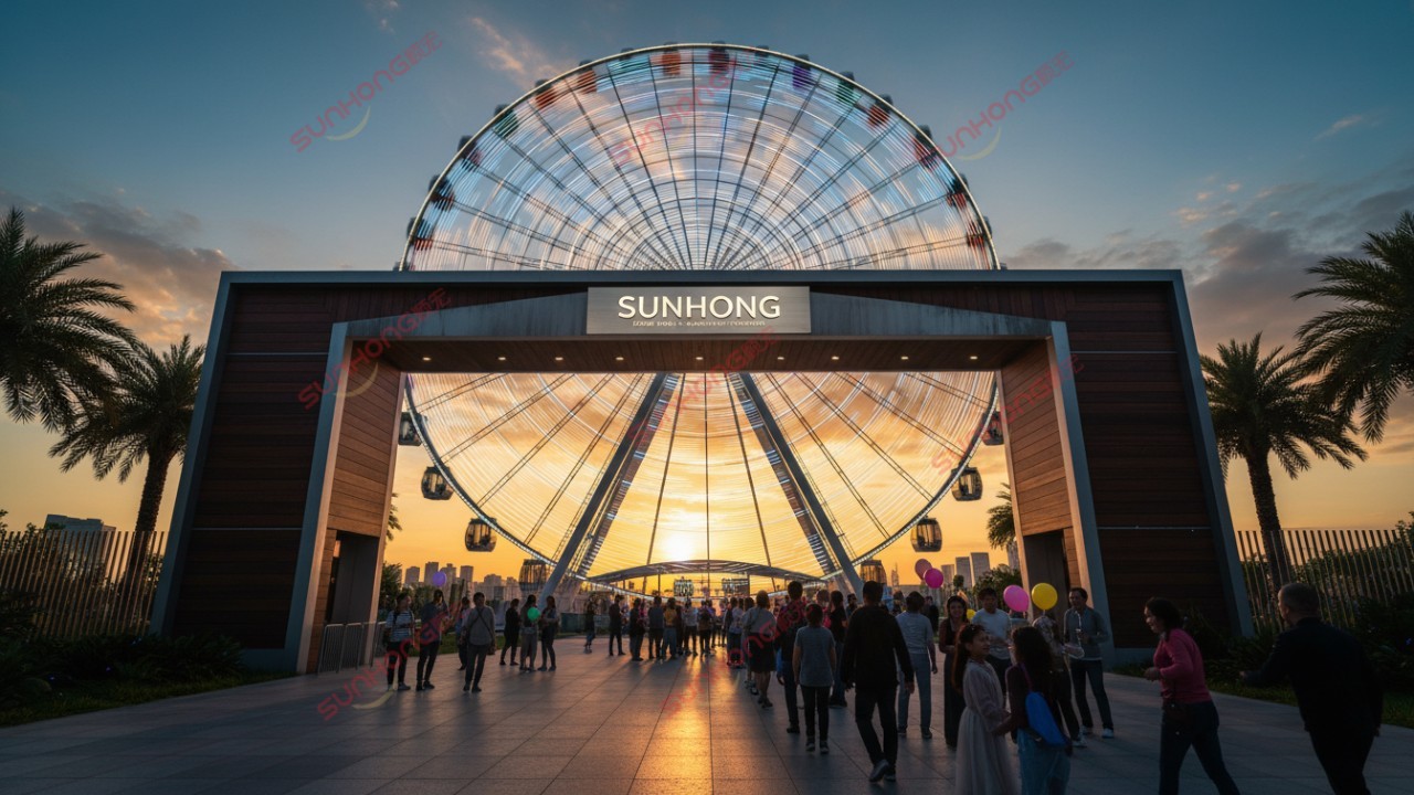 A cinematic view of a completed and illuminated Ferris wheel at sunset with a SUNHONG sign at the entrance