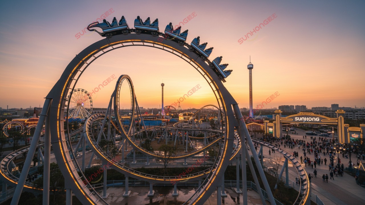 A cinematic view of a successful amusement park project featuring a rollercoaster with SUNHONG branding on the cars under a sunset sky.