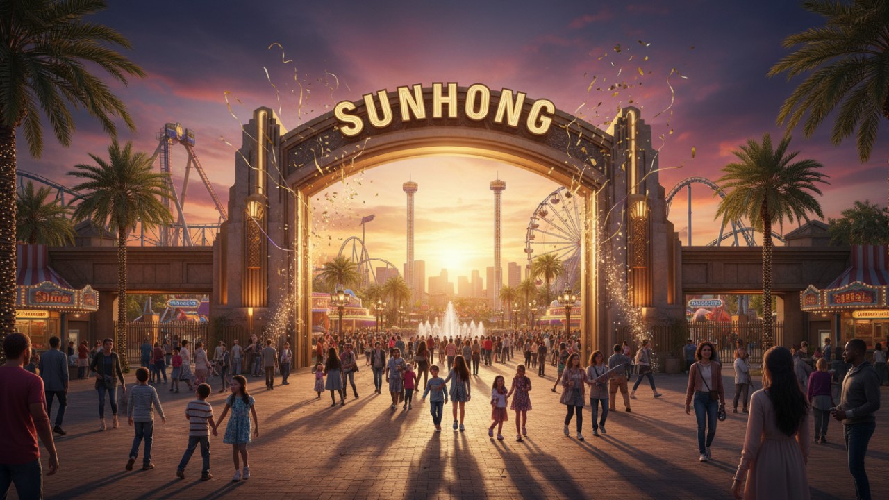 A cinematic view of a successful theme park at sunset with the SUNHONG brand name on the entrance sign