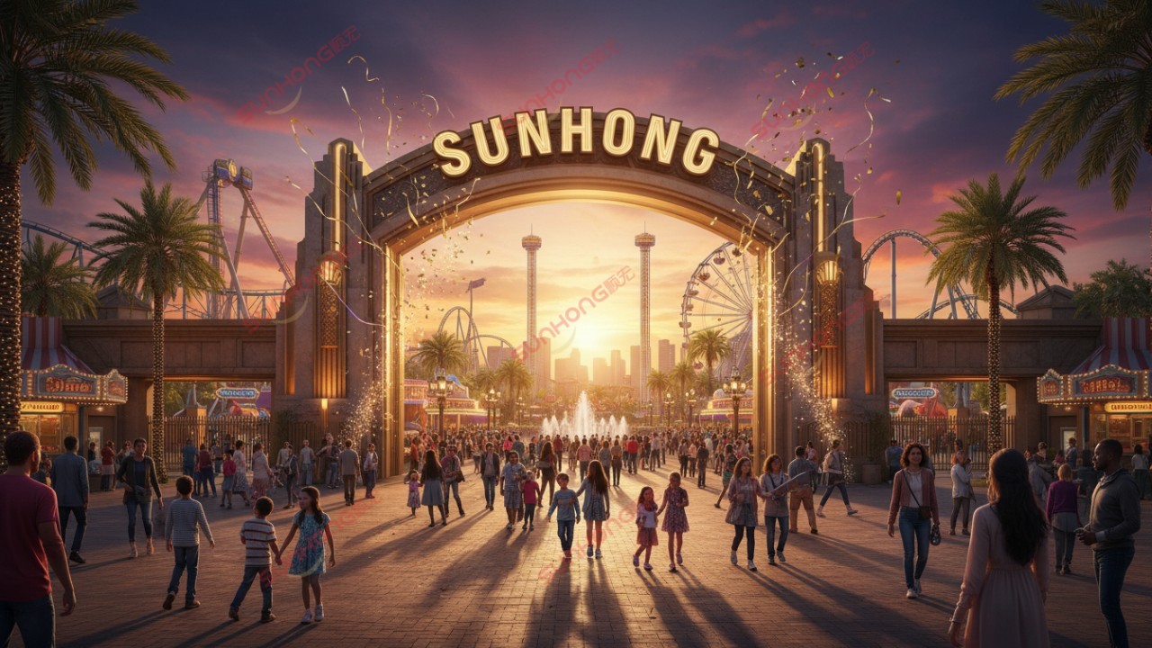 A cinematic view of a successful theme park at sunset with the SUNHONG brand name on the entrance sign
