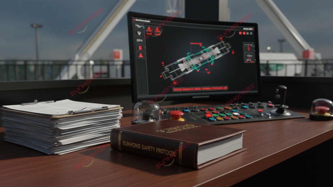 A close-up of a ride control station and a safety protocol manual featuring the SUNHONG brand name.
