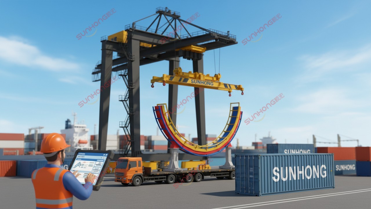 A customs official reviewing documentation for a roller coaster track at a port with SUNHONG branding on a shipping container.