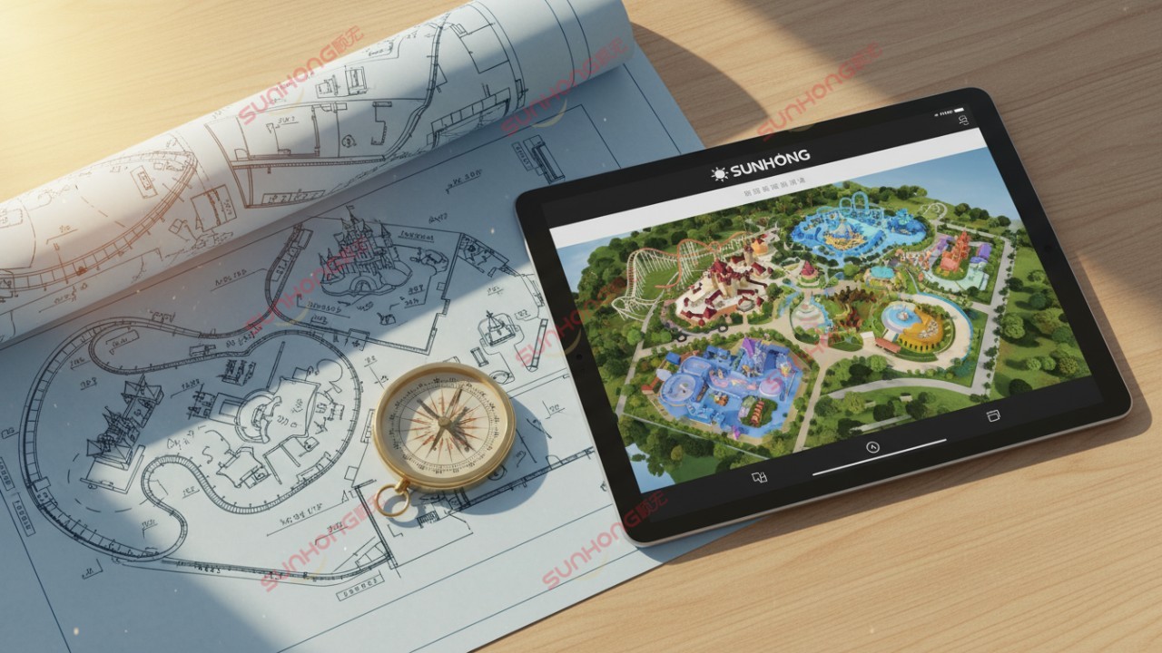 A desk with theme park blueprints and a digital tablet showing a park design with the SUNHONG brand name. A desk with theme park blueprints and a digital tablet showing a park design with the SUNHONG brand name.