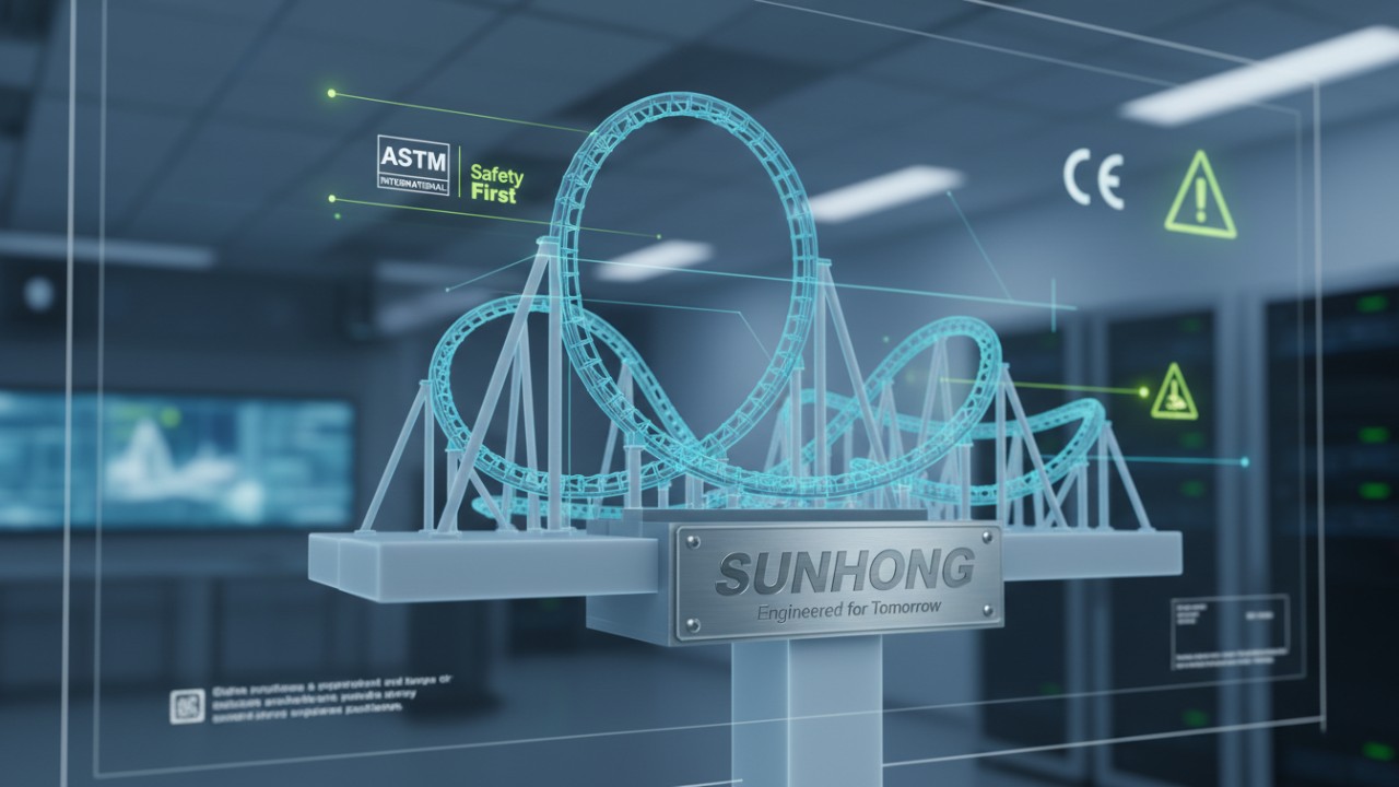 A detailed 3D architectural render of a roller coaster with digital safety certification symbols and a metal SUNHONG brand plate.