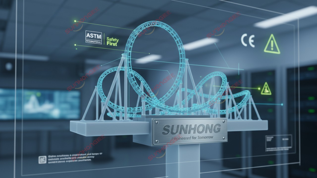 A detailed 3D architectural render of a roller coaster with digital safety certification symbols and a metal SUNHONG brand plate.