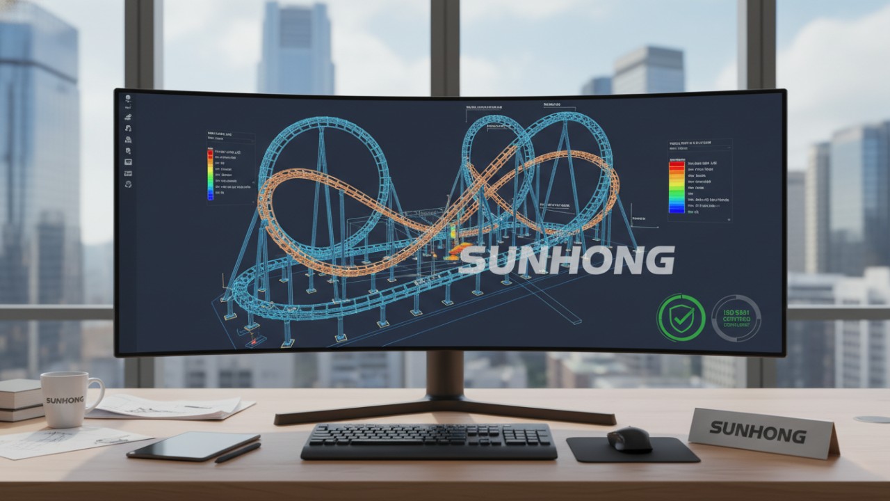 A detailed 3D engineering model of a roller coaster loop on a computer monitor with SUNHONG branding on a desk nameplate.