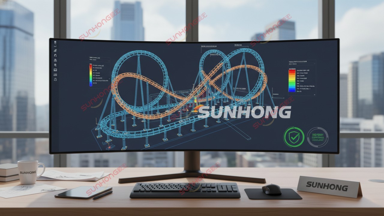 A detailed 3D engineering model of a roller coaster loop on a computer monitor with SUNHONG branding on a desk nameplate.