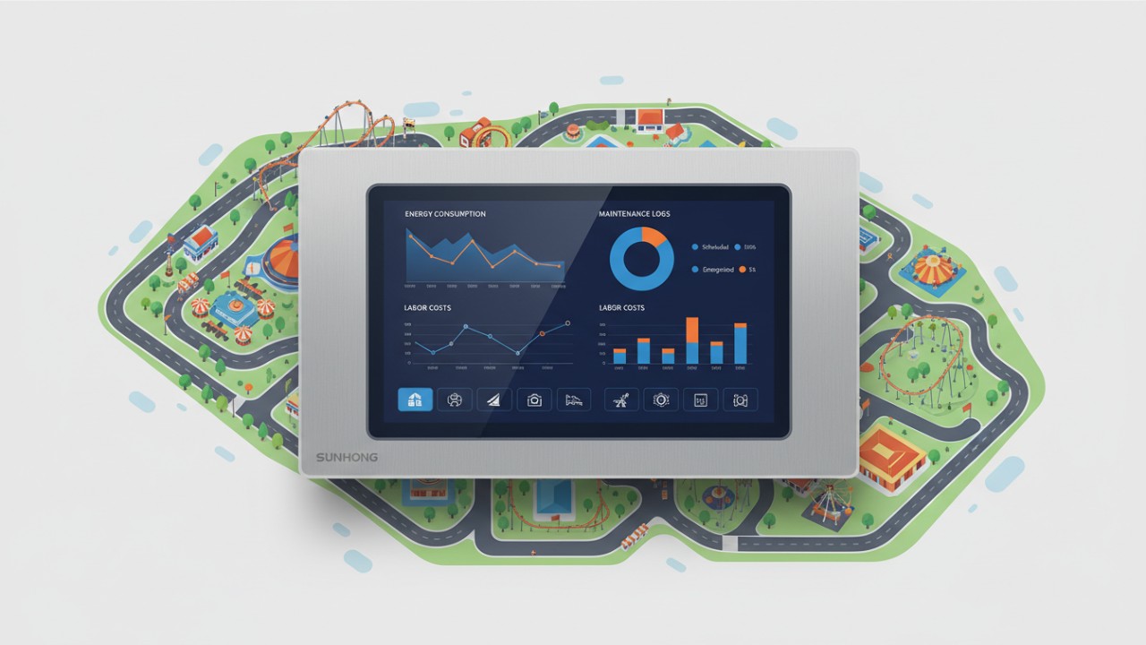 A digital dashboard showing data icons for energy and maintenance with the brand name SUNHONG on the frame.