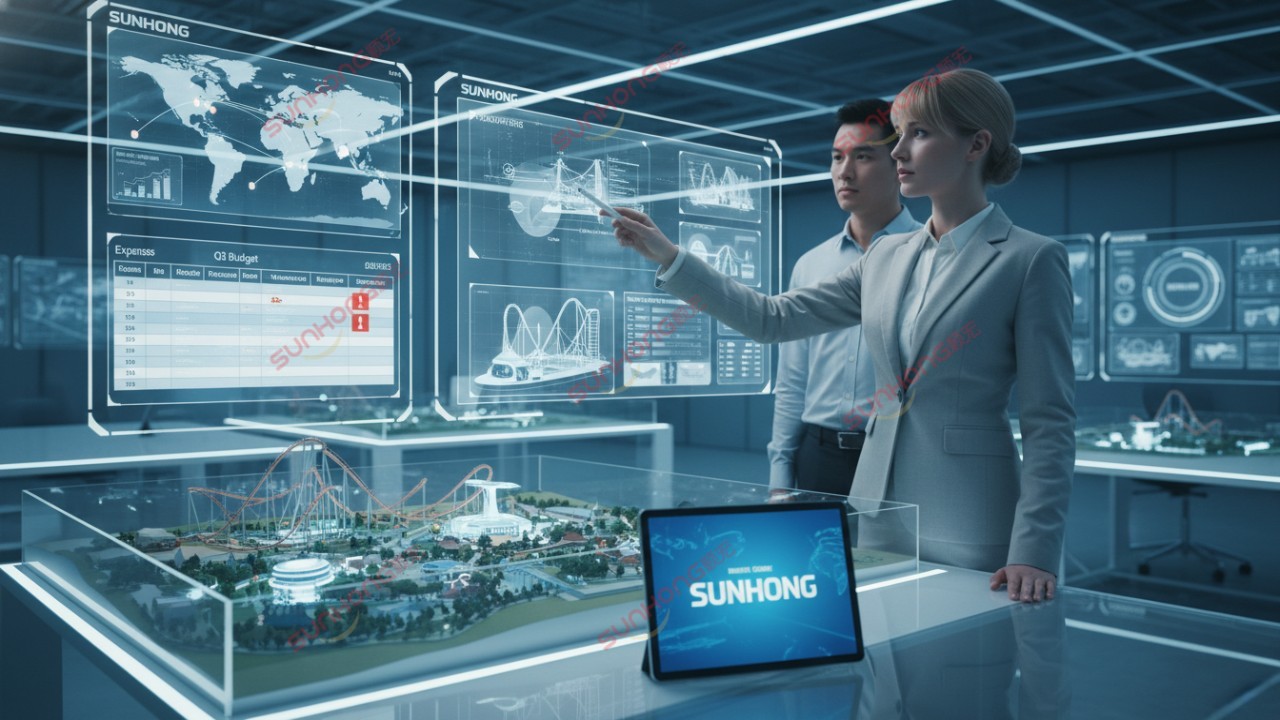A futuristic 2026 corporate office where a consultant reviews theme park sourcing data on digital screens with a SUNHONG tablet visible.