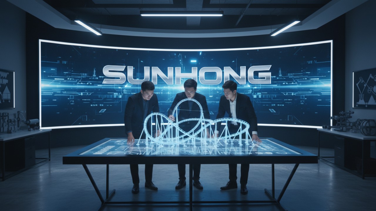 A futuristic engineering studio with 3D holographic models of amusement rides and a large SUNHONG digital display.