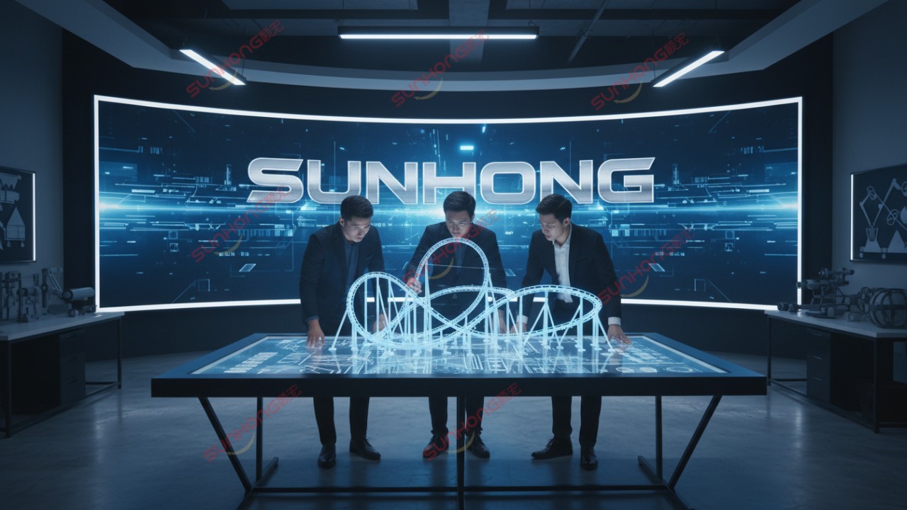 A futuristic engineering studio with 3D holographic models of amusement rides and a large SUNHONG digital display.