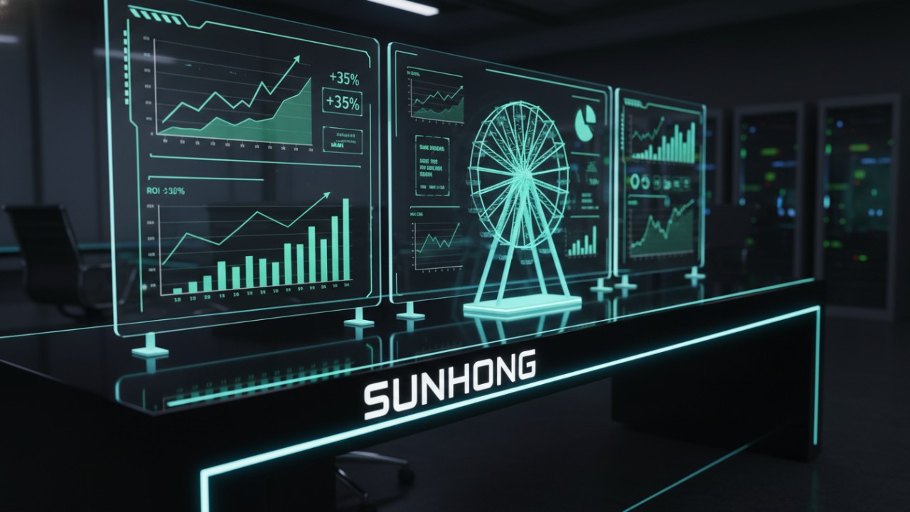 A futuristic financial dashboard with ROI graphs and a holographic Ferris wheel featuring SUNHONG branding