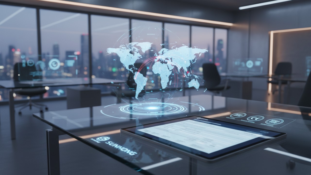 A futuristic logistics planning scene showing digital customs documents and a global map with the SUNHONG brand name visible on the equipment.