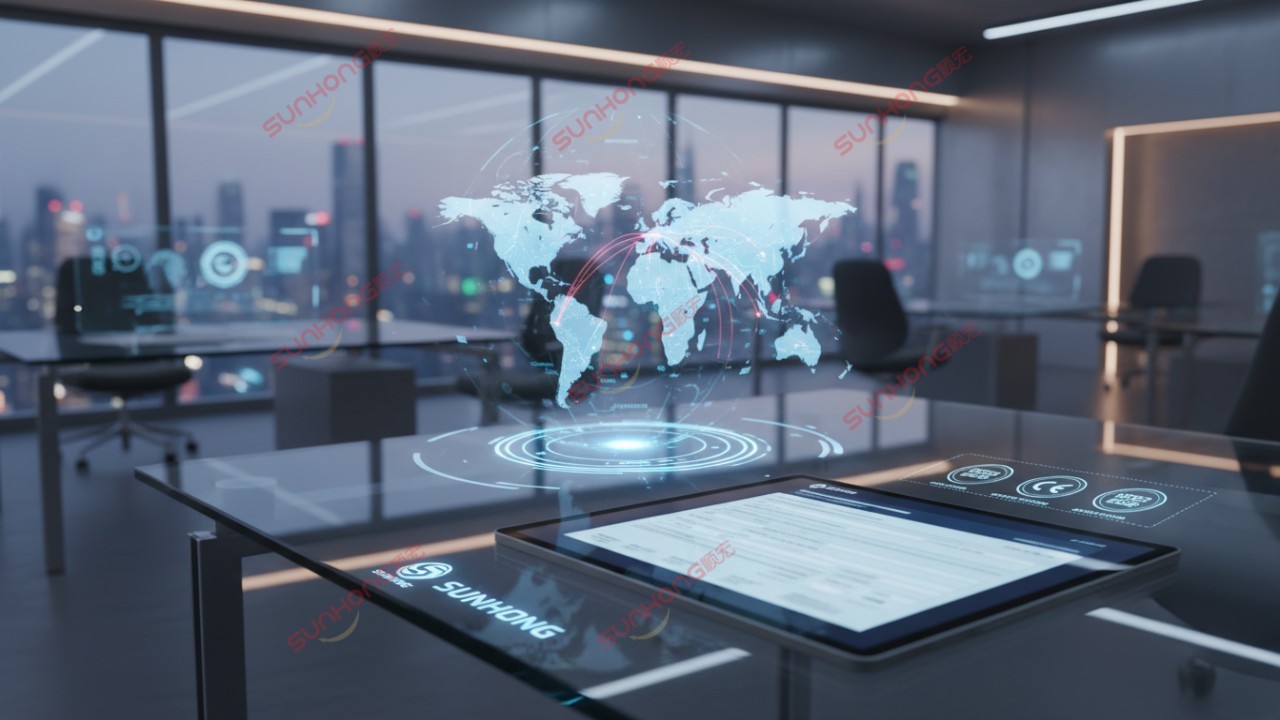 A futuristic logistics planning scene showing digital customs documents and a global map with the SUNHONG brand name visible on the equipment.
