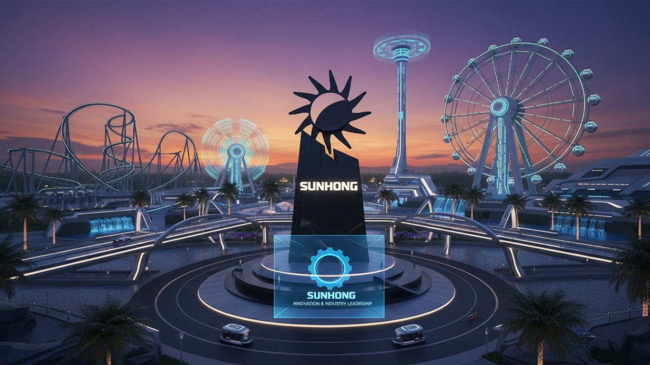 A futuristic theme park at sunset with glowing lights and a large Sunhong logo in the central plaza.