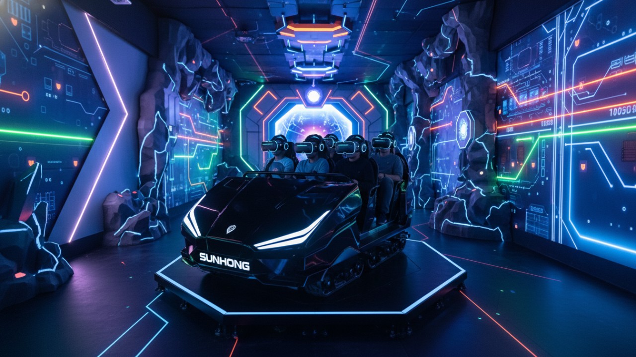 A futuristic trackless ride vehicle with passengers wearing VR headsets, featuring the SUNHONG brand logo.
