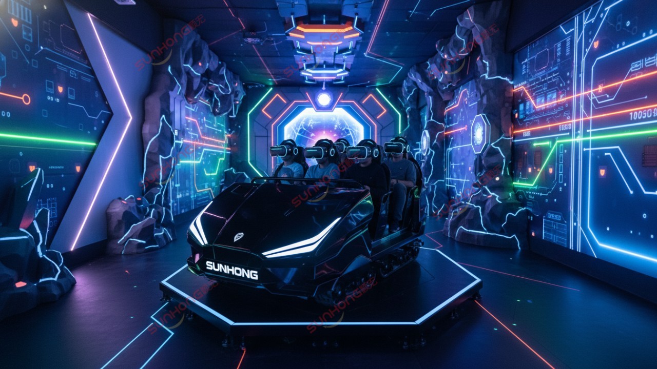 A futuristic trackless ride vehicle with passengers wearing VR headsets, featuring the SUNHONG brand logo.