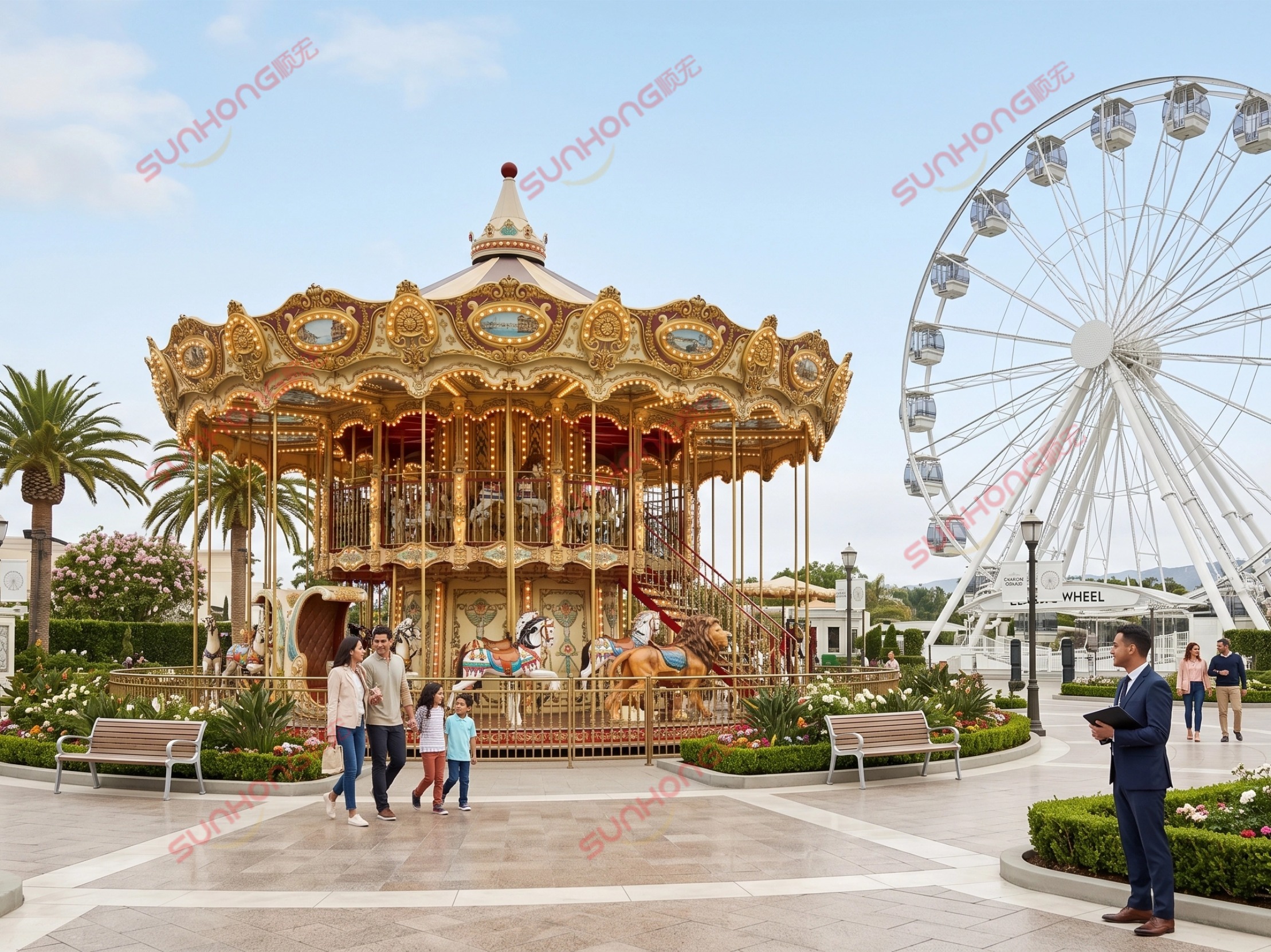 A grand luxury carousel and a classic white Ferris wheel in a clean A grand luxury carousel and a classic white Ferris wheel in a clean