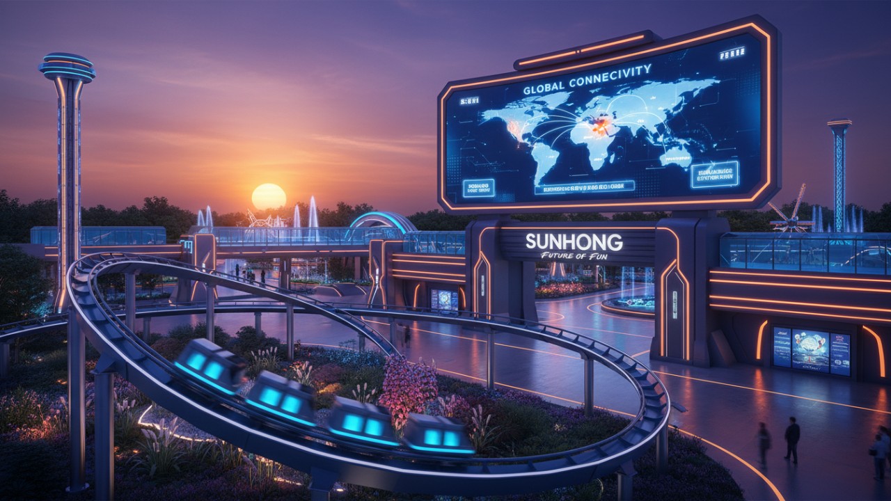 A high tech amusement park scene featuring modern rides and a digital billboard with the brand name SUNHONG displayed on the entrance architecture.