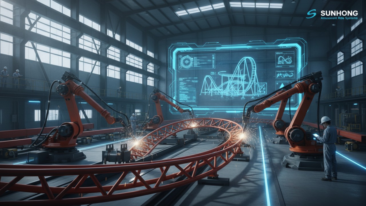 A high-tech factory floor showing robotic arms welding a roller coaster track with the SUNHONG brand name displayed on a digital monitor.