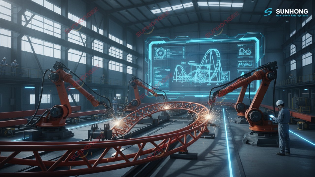 A high-tech factory floor showing robotic arms welding a roller coaster track with the SUNHONG brand name displayed on a digital monitor.